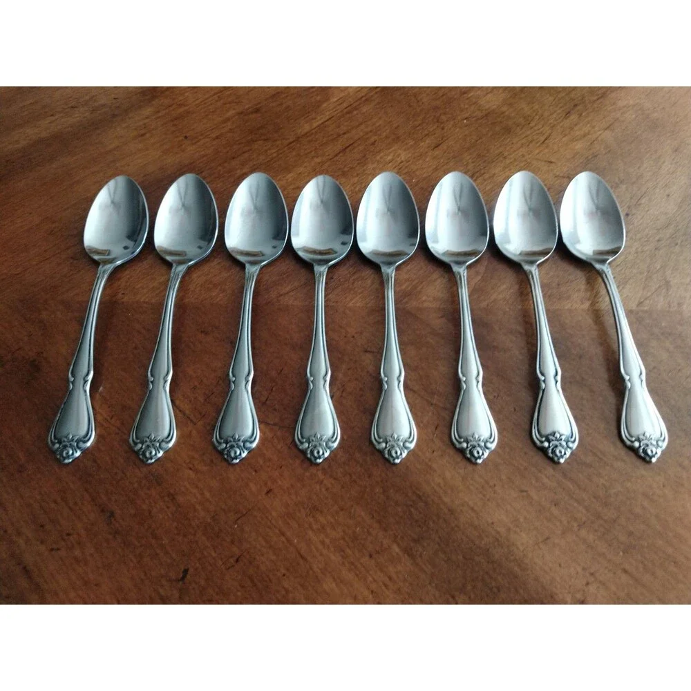 1881 Rogers Oneida Ltd Arbor Rose True Rose Stainless: Lot of 8x Teaspoon 6